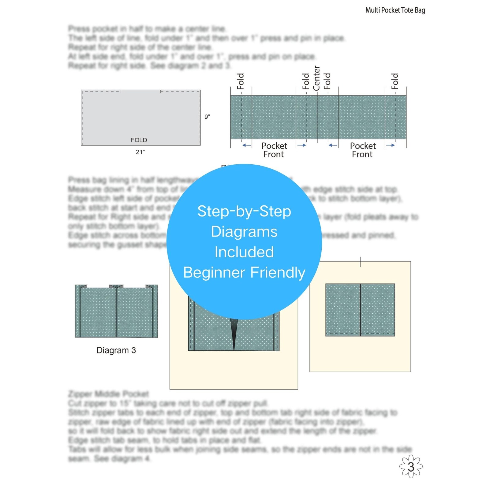 Multi-pocket Tote Bag Sewing Pattern PDF | Zipper Divider Bag | 15"x18 ...