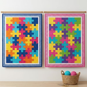 Puzzle Jigsaw Piece Quilt Pattern | Autism Awareness Blanket | Scrap Friendly Geometric Quilt | Digital Download Pattern 58x76