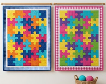 Puzzle Jigsaw Piece Quilt Pattern | Autism Awareness Blanket | Scrap Friendly Geometric Quilt | Digital Download Pattern 58x76
