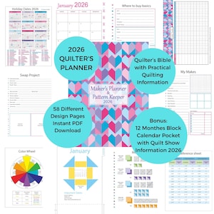 Könnte beinhalten: Ein 2026 Quilter-Planer und Muster-Archiv mit einem geometrischen Herzmuster in Pink, Blau und Lila. Das digitale Set enthält einen Feiertagskalender, Seiten für Tauschprojekte, einen Farbkreis, Referenzblätter und monatliche Blockkalender.