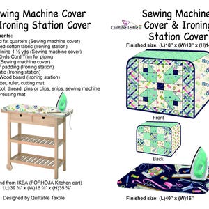 以下が含まれることがあります： Quiltable Textileによるミシンカバーとアイロン台カバーの型紙。必要事項のリスト、仕上がりサイズ（45.7cm x 25.4cm x 36.8cmおよび101.6cm x 40.6cm）、キッチンワゴン、緑色のアイロン、布製カバーのイラストが記載されています。