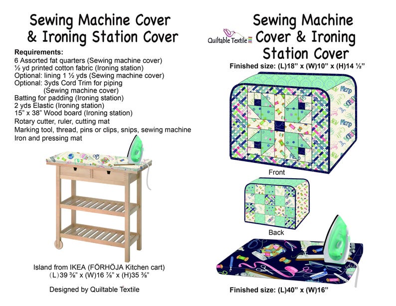 以下が含まれることがあります： Quiltable Textileによるミシンカバーとアイロン台カバーの型紙。必要事項のリスト、仕上がりサイズ（45.7cm x 25.4cm x 36.8cmおよび101.6cm x 40.6cm）、キッチンワゴン、緑色のアイロン、布製カバーのイラストが記載されています。