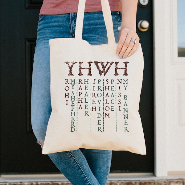 YHWH + Names of God Tote Bag, Jehovah Rohi Rapha Jireh Shalom Nissi, Yahweh Shepherd Healer Provider Peace Banner, Cotton Canvas Tote