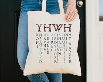 YHWH + Names of God Tote Bag, Jehovah Rohi Rapha Jireh Shalom Nissi, Yahweh Shepherd Healer Provider Peace Banner, Cotton Canvas Tote