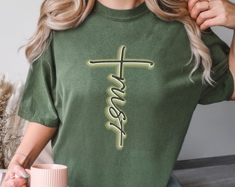 Trust Cross Comfort Colors T-shirt, One Line Christian Cross and Trust Tshirt, Christian Faith Gift, Unisex Relaxed Fit Shirt