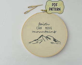 Hand Embroidery Pattern PDF, Modern Embroidery Pattern, Christian Embroidery Pattern, Faith Can Move Mountains, Bible Verse