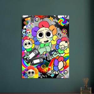 Könnte beinhalten: Ein farbenfroher Kunstdruck mit Cartoon-Blumenfiguren mit Regenbogenblütenblättern und Gesichtsausdrücken. Das Kunstwerk enthält VHS-Kassetten, Regenbogen und verschiedene grafische Elemente auf einem Schwarz-Weiß-Hintergrund. Der Druck wird an einer Wand angezeigt.