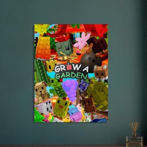 May include: A colorful poster featuring a collage of pixelated animal and plant graphics. The text "GROW A GARDEN" is visible. The artwork includes a variety of vibrant colors and blocky shapes, creating a playful and whimsical design.