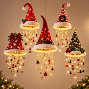 May include: Five hanging Christmas decorations shaped like conical hats and a tree, featuring red and green fabric, white faux fur trim, and integrated warm LED string lights. Each piece is adorned with dangling ornaments like stars, bells, and gifts.