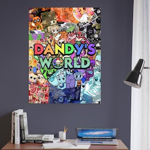 Könnte beinhalten: Ein farbenfrohes Poster mit dem Text "Dandy's World" in großen, mehrfarbigen Buchstaben. Das Poster ist eine Collage aus Cartoon-Charakteren und verschiedenen grafischen Elementen mit einer lebendigen und verspielten Ästhetik. Der Hintergrund ist eine Mischung aus Orange, Grün und Blau.