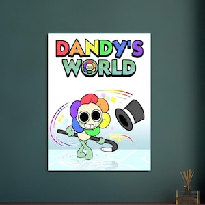 Op de afbeelding: Kleurrijke cartoon illustratie met een bloemachtig personage, hoge hoed en wandelstok. De tekst "DANDY'S WORLD" staat erboven in regenboogkleuren. De achtergrond is een lichtblauwe gradiënt.