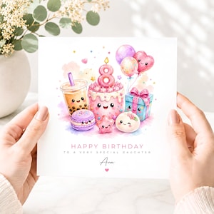 May include: A square birthday card featuring a watercolor illustration of a pink cake with the number 8 candle, boba tea, a macaron, a gift box, and balloons. The text reads HAPPY BIRTHDAY TO A VERY SPECIAL DAUGHTER and the name Ava.