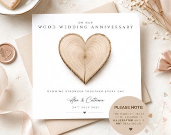 Wood Wedding Anniversary Card, 5th Wedding Anniversary Card, Personalised 5th Anniversary Card, 5 Year Wedding Anniversary Card