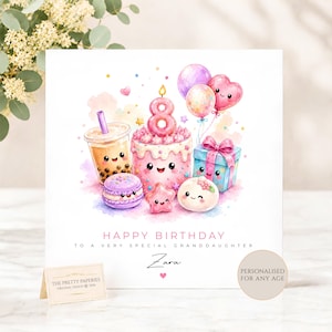 May include: A square birthday greeting card featuring a watercolor illustration of a smiling cake with a number 8 candle, boba tea, a macaron, a gift box, and balloons. The text reads HAPPY BIRTHDAY TO A VERY SPECIAL GRANDDAUGHTER and Zara.