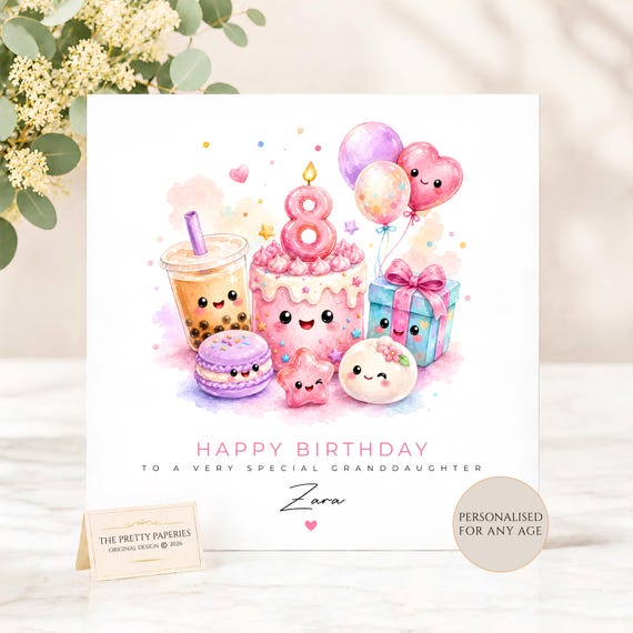 Personalised Dumpling Squishy Birthday Card, Squishy Birthday Card for Daughter, Cute Kawaii Cake Card, Girls 8th 9th 10th Birthday Card