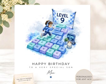 Personalised ASMR Keyboard Speed Run Birthday Card, Gamer Boy Birthday Card for Son Grandson or Nephew, Boys 9th Birthday Card