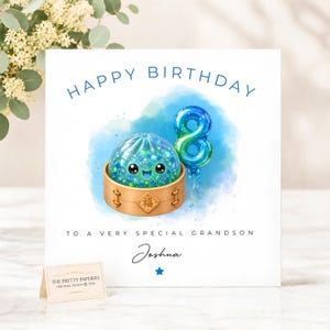 May include: A square birthday greeting card featuring a blue watercolour splash, a cute glittery dumpling in a bamboo steamer, and a metallic blue number eight balloon. The text reads HAPPY BIRTHDAY TO A VERY SPECIAL GRANDSON and the name Joshua.