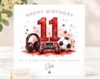 Personalised 11th Birthday Card for Son, 11th Birthday Card for Grandson, Custom Red Age 11 Birthday Card for Nephew Friend Brother