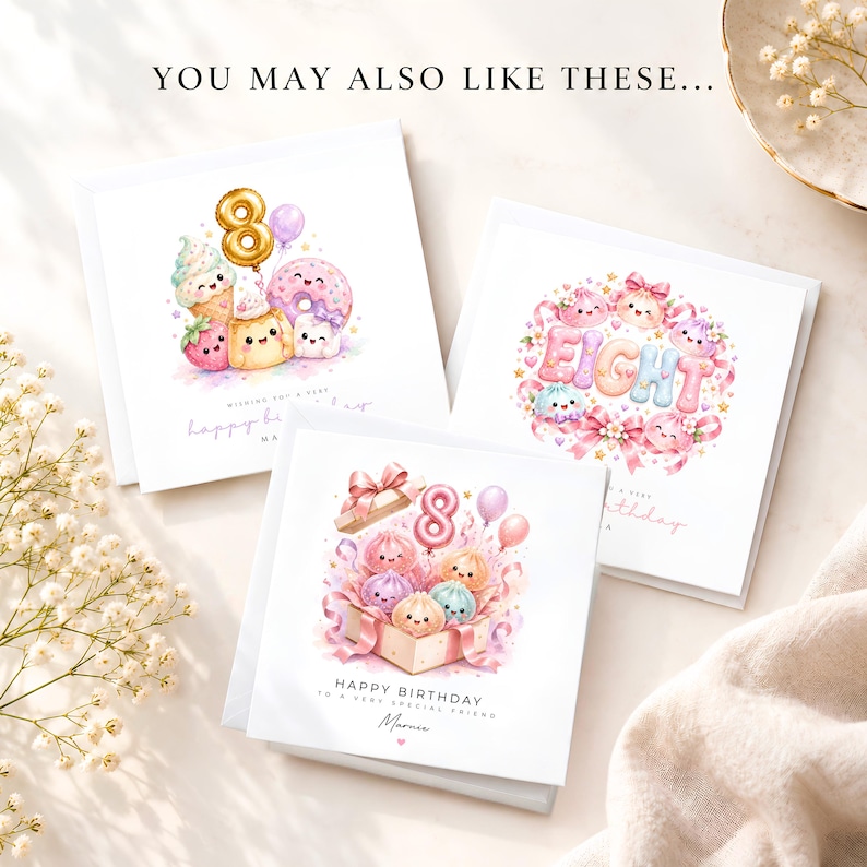 May include: Three square white greeting cards featuring colorful watercolor illustrations of smiling food characters, balloons, and the number eight. The text includes "HAPPY BIRTHDAY TO A VERY SPECIAL FRIEND" and "Marnie" on the bottom card.