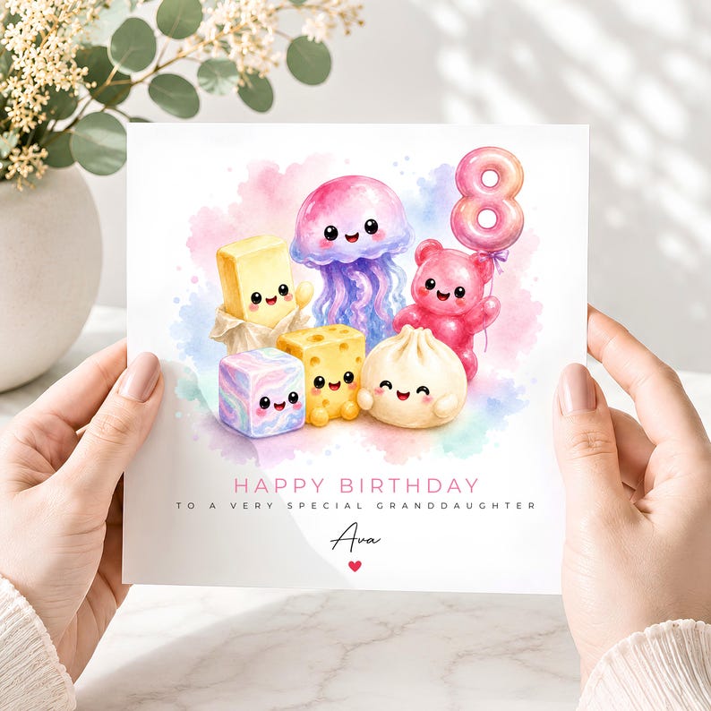 Personalised Squishy Birthday Card, Cute Squishy Inspired Kids Birthday Card, Kawaii 8th Birthday Card, Butter Squishy, Dumpling Squishy image 3