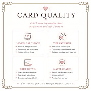 May include: An informational graphic titled CARD QUALITY detailing cardstock features. It lists 300GSM CARDSTOCK, VIBRANT PRINT, CRISP DETAIL, and MATTE COATED with icons of a stack of cards, a water droplet, a picture frame, and a shield.