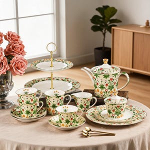 Può includere: Un servizio da tè in porcellana con sfondo color crema e un colorato motivo floreale con dettagli botanici rossi, arancioni e verdi. Il set comprende una teiera, una zuccheriera con coperchio, una lattiera, tazze con piattini e un'alzata a due piani.