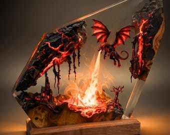 Fire Dragon Resin Lamp, Volcano Castle Crystal Night Light, Magma Cave Diorama, Epic Gamer Desk Setup Decor, Unique Gift for Him