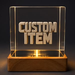 Aangepaste harslamp 3D-object, gepersonaliseerde tekst epoxy nachtlampje, houten diorama met aangepast logo, RGB-bureaudecor, uniek jubileumcadeau