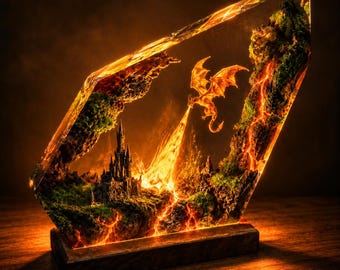 Dragon Resin Diorama Lamp, Fantasy Epoxy Night Light with Castle Scene, LED Wood Base, Unique Gift for Dragon Lovers, Gift For Him Dad