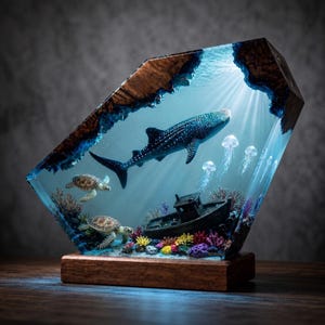 Walvishaai, zeeschildpad en scheepswrak oceaandiorama, kleurveranderende epoxyhars houten nachtlamp