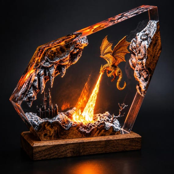 A fire-breathing dragon sculpted in glowing epoxy wood — fantasy desk art that looks like it belongs in a dungeon master's lair.
