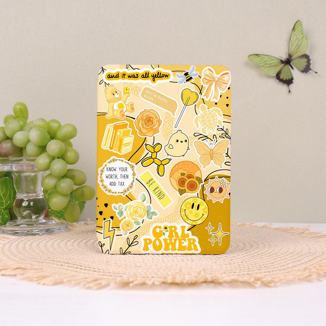 Cute Collage Yellow Kindle Case With Hand Strap for Kindle 8/10/11/12th ...