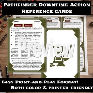 May include: A tabletop image featuring Pathfinder Downtime Action Reference Cards. The cards are green and white, with text and illustrations. The image also includes dice, a wooden box, and other gaming accessories. Text on the cards reads "Craft" and "Easy Print-and-Play Format!"
