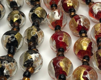 Italian Design Handmade Gold+Silver Foil 12mm Red/Black Round Lampwork Glass Beads, 12 beads pack J1501