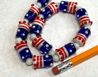 July 4th Patriotic Design Lampwork Cylinder Glass Beads (12 beads pack)