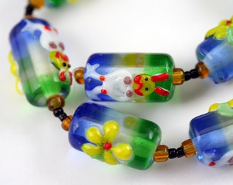 Easter Design Cylinder Lampwork Glass Beads, 12 Beads Pack L10111