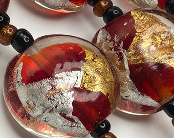 Italian Design Handmade Gold+Silver Foil 12x20mm Red Disc Lampwork Glass Beads, 12 beads pack J1501