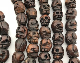 Cute Small Tibetan Himalayan Hard Wood Hand Carved Skull 13x14x16mm Beads, Full Strand TB3B