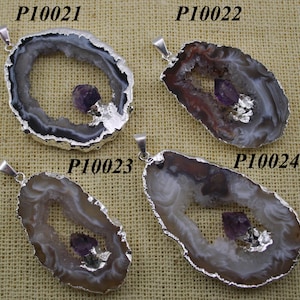 Natural Agate Geo Sliced Pendant Bead, Framed, Bailed(Silver Over Copper) and Amethyst Point Decorated J1307