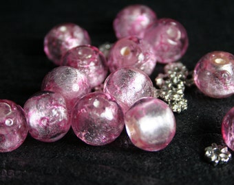 Breast Cancer Awareness Pink Silver Foil Lampwork Glass Bracelet Bead Set