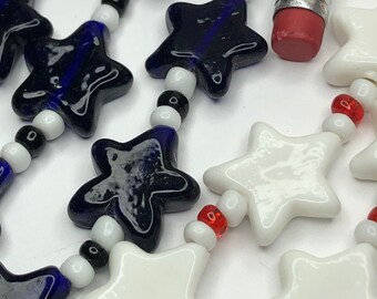 July 4th Patriotic Red/Blue/White Star Design Glass Beads (12 beads pack)