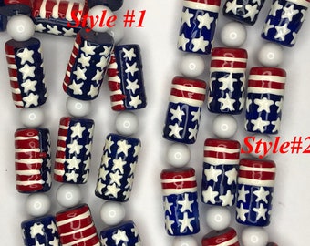 July 4th Patriotic U.S. Flag Design Glass and Epoxy 12mmx20mm Cylinder Bead  (12 beads pack)