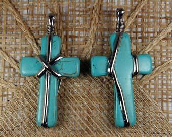 Howlite Cross Pendant(Color Treated) Copper Wired Silver Plated