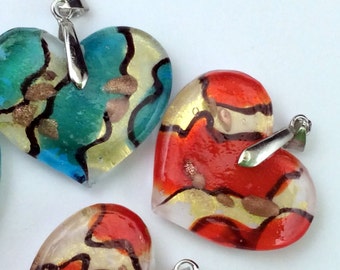 Exotic Animal Print, Gold Sand Decorated, Heart Lampwork Glass Pendant Bead L01011