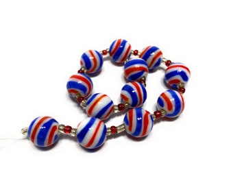 July 4th Patriotic Design Lampwork Round Glass Beads (12 beads pack)