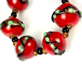 Exotic Italian Design Red Handmade Lampwork Glass Beads, 6 Beads Pack J1500