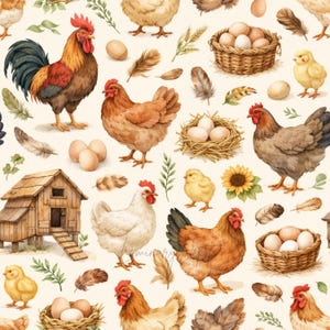 May include: Watercolor illustration featuring a repeating pattern of chickens, roosters, chicks, eggs, feathers, a chicken coop, and a sunflower. The color palette includes shades of brown, red, yellow, and cream, creating a rustic and charming design.