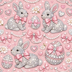 Peut inclure: Motif répété de lapins de Pâques, d'œufs, de cœurs et de fleurs scintillants et ornés de bijoux sur fond rose. Les lapins et les œufs sont ornés de nœuds roses et entourés de guirlandes de perles. Le design est festif et décoratif.