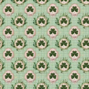 May include: A repeating pattern featuring shamrocks, bows, and floral elements. The shamrocks are in a circular frame with a gold border, set against a light green checkered background. The bows are pink.