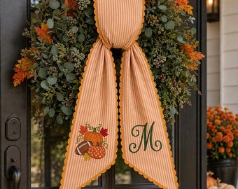 Monogrammed Fall Wreath Sash, Personalized Football Pumpkin Door Ribbon, Game Day Porch Decor, Custom Housewarming Gift, Autumn Harvest